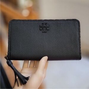 TORY BURCH Taylor Continental Wallet, Black Pebble Leather